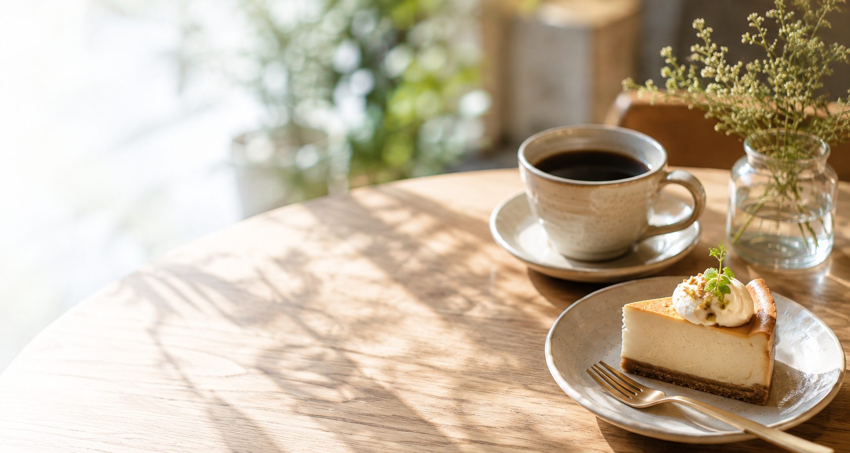 陽の差すカフェのテーブルに置かれたコーヒーとチーズケーキ