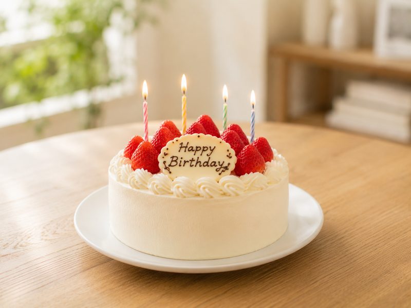 キャンドルを立てた誕生日のショートケーキ