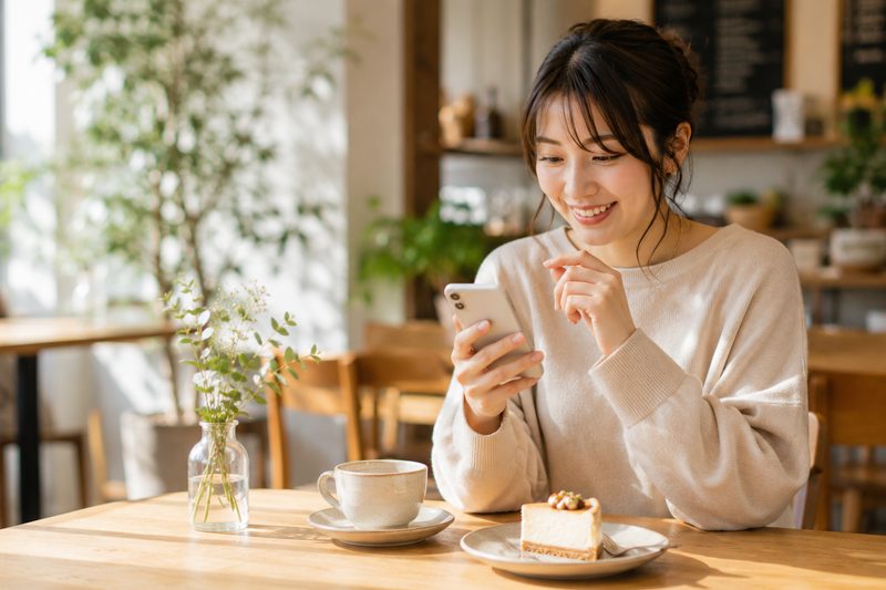 カフェでスマートフォンのギフトを見て笑顔になる女性