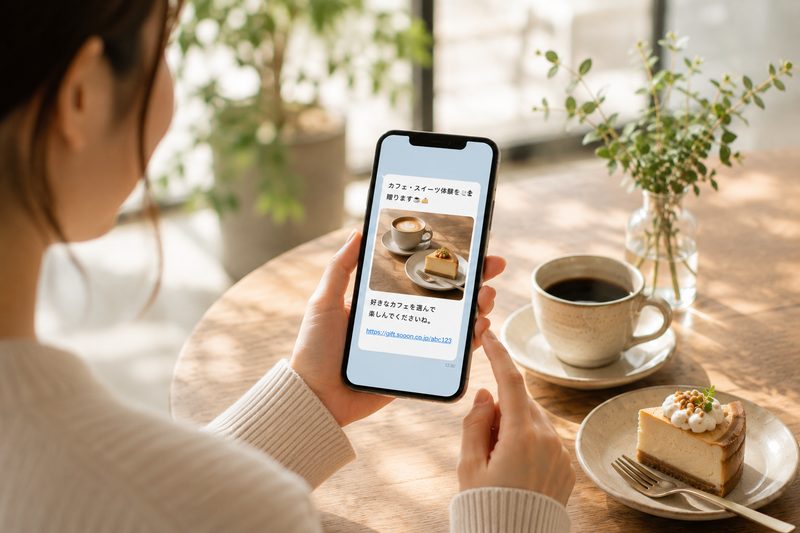 スマートフォンで受け取ったカフェのギフトメッセージを見ているところ