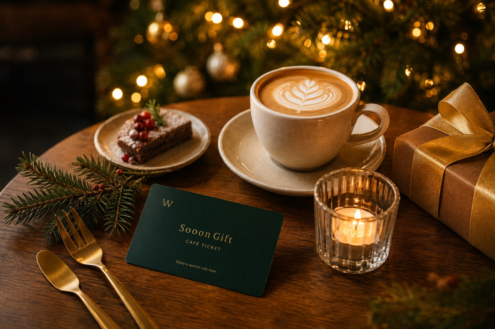 クリスマスのカフェテーブルに並ぶコーヒーとスイーツ、ギフト