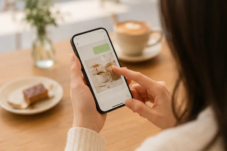 スマホからLINEでカフェチケットを贈る様子。住所不要で当日でも届くデジタルギフト